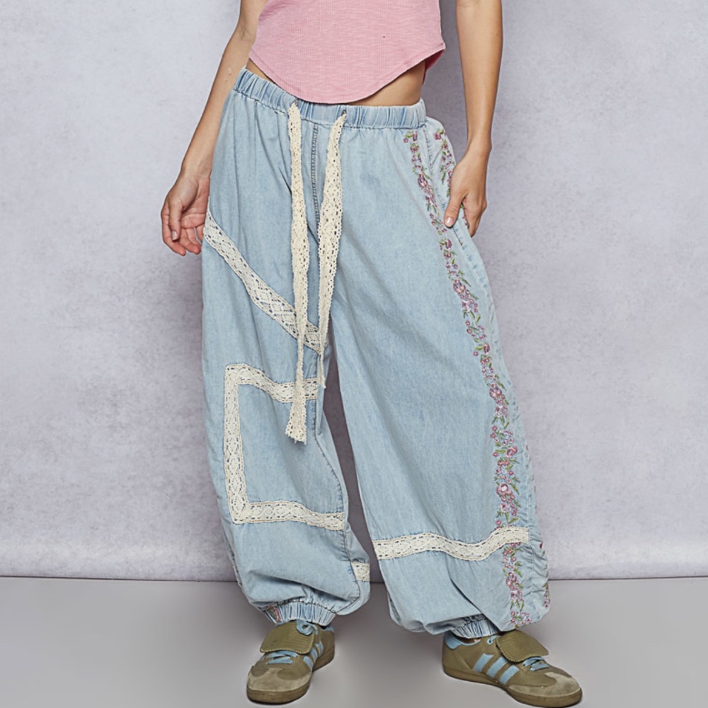 POL Light Blue Joggers with Lace Detail